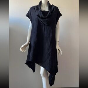 Bryn Walker Cowl Neck Cap Sleeve Shark-Bite Hem Black Dress Gauze Cotton